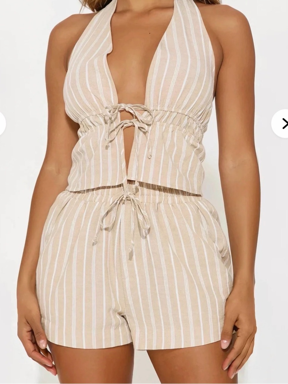 Fashion Nova Olive Beige Striped Wrap Romper